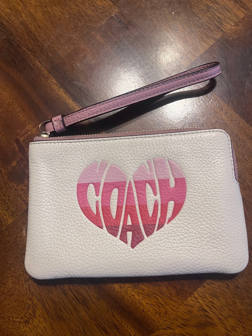 Coach corner zip wristlet pink heart chalk pebbled leather